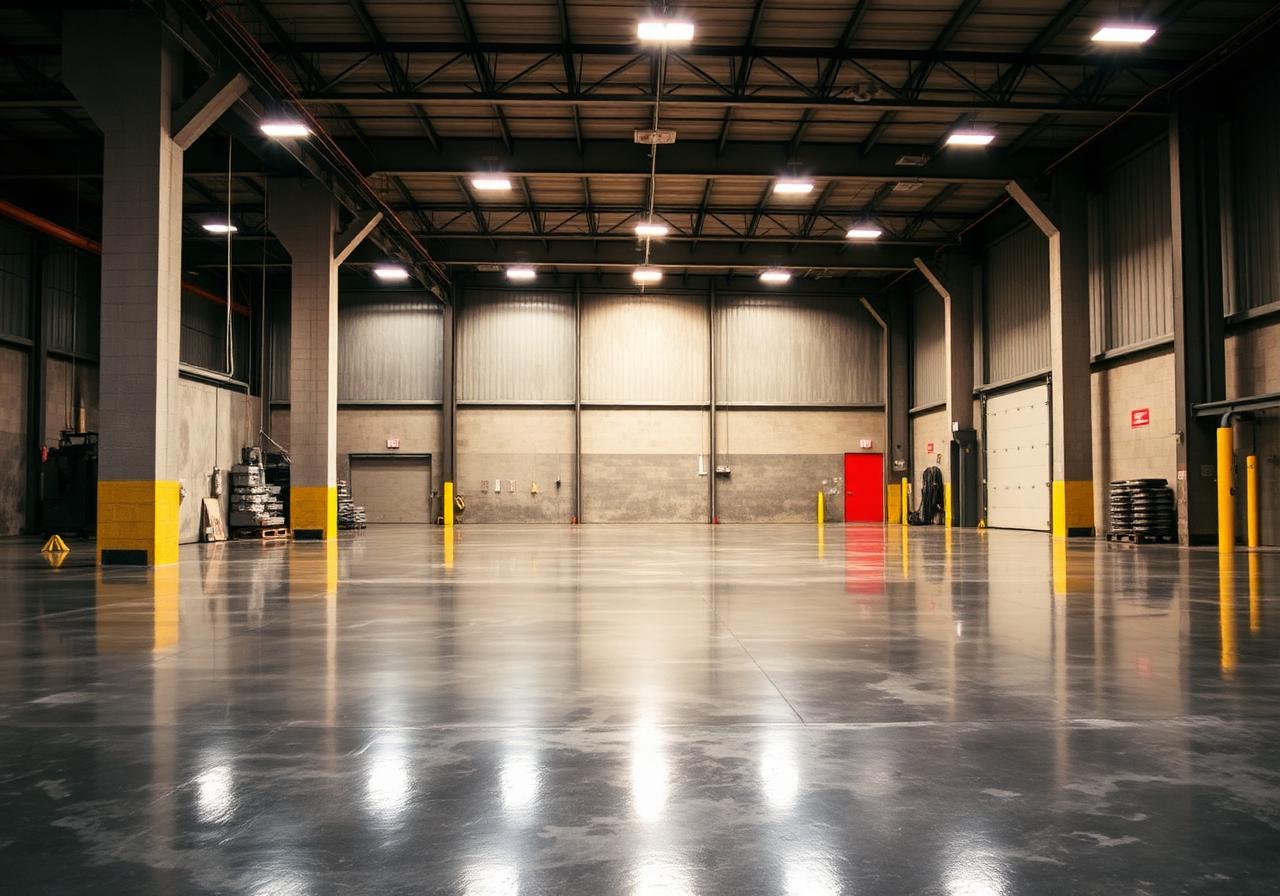 Polished commercial concrete shop floor in a Manitoba warehouse