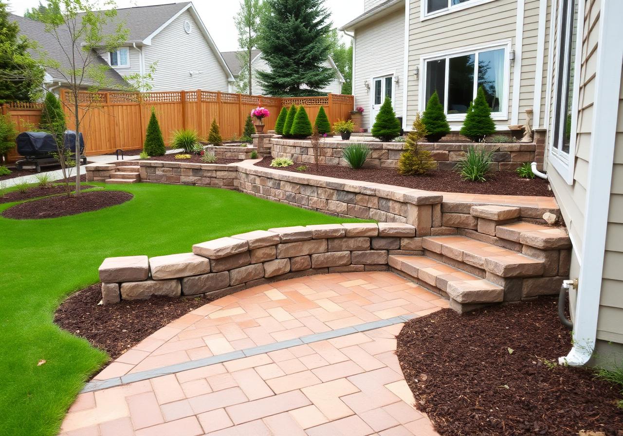 Interlocking paver walkway with retaining wall and steps