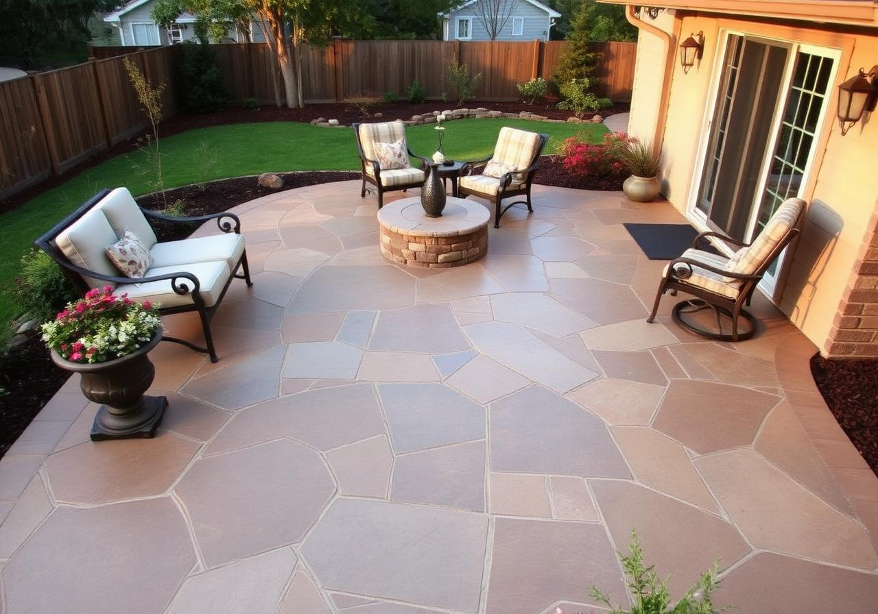 Stamped decorative concrete patio in Winnipeg backyard