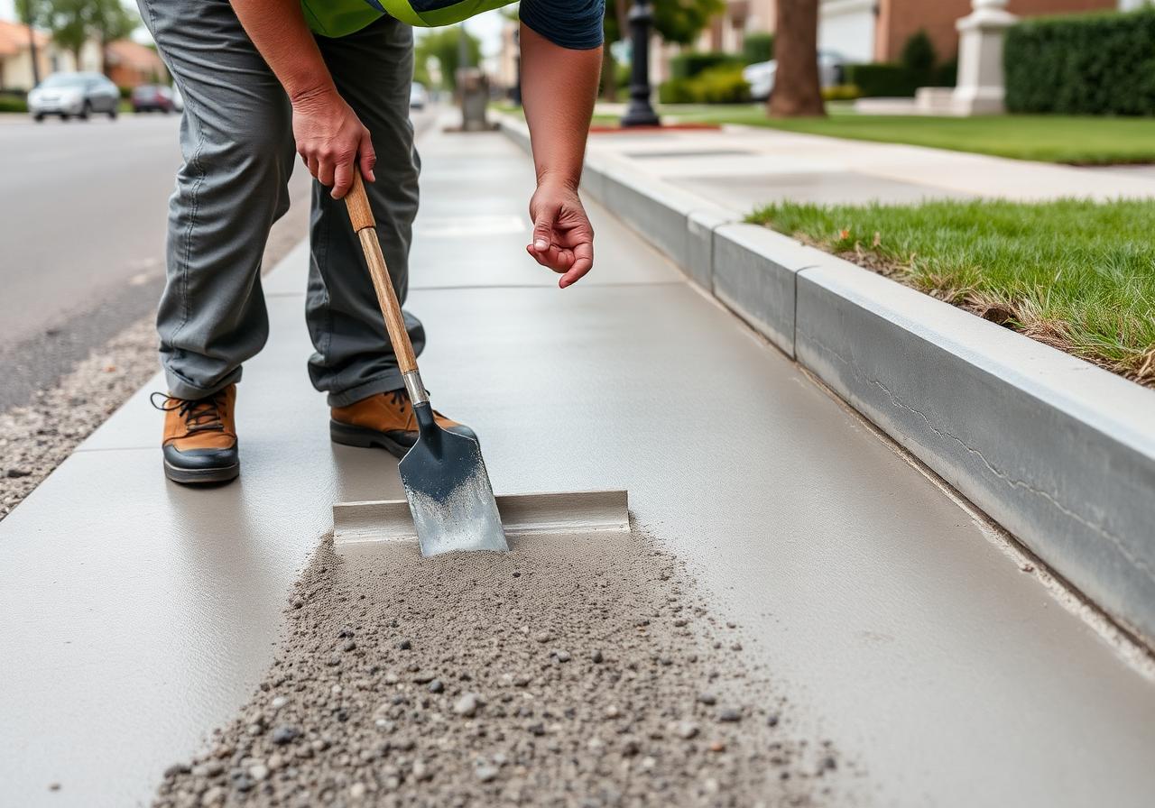 New concrete sidewalk being finished by an Iberica crew